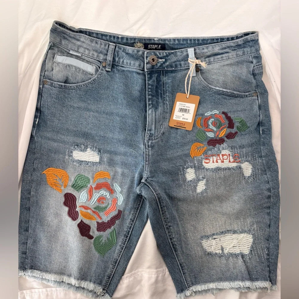Staple Pigeon Embroidered Denim 32 Shorts Light Stone Wash Floral Distressed NWT - Picture 1 of 11